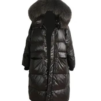 

Glossy Black Fur Collar Long Down Parka Women Female Pocket Thicken Winter Jacket Coat Parka Hooded Casual Loose Winter Jacket