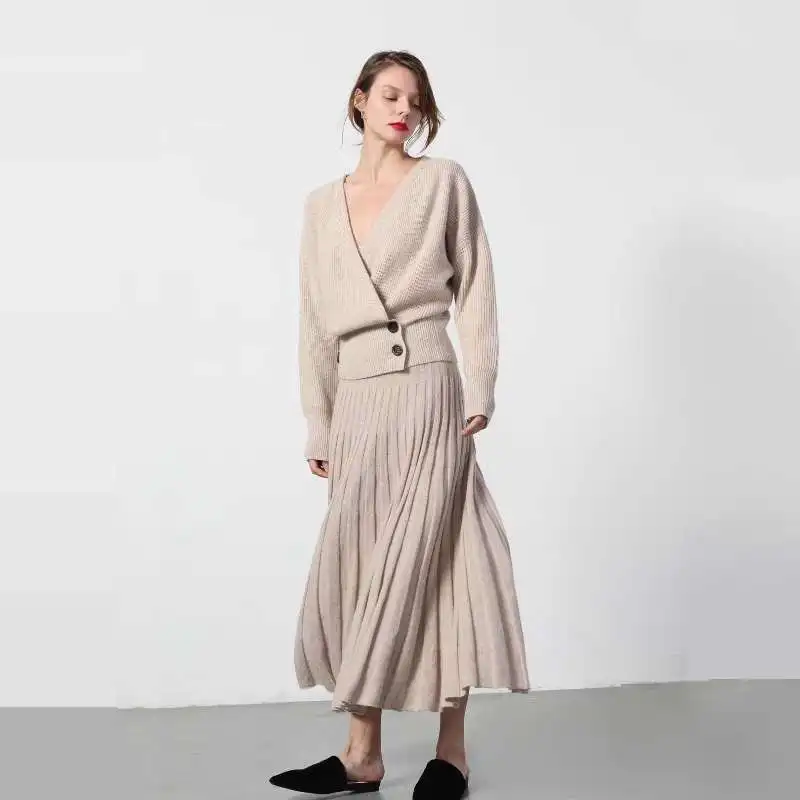 adishree 2021 woman Cashmere knitting skirts Pleated Solid Casual A-line Ankle-Length