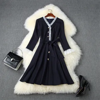 

New Arrival Autumn Dresses for Women 2020 Fashion Clothes Elegant V Neck Ruffle Patchwork Aline Dress Casual Vestidos