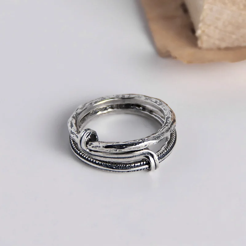 Silvology, 925 пробы, серебряные, двойные кольца-интерлоки, оригинальные винтажные креативные кольца с текстурой для женщин, ювелирные изделия ручной работы - Цвет камня: Silver