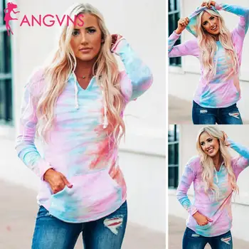

New Fashion Women Casual Drawstring Hooded Long Sleeve Pocket Regular fit, Pullover, Tie dyeing Hoodie