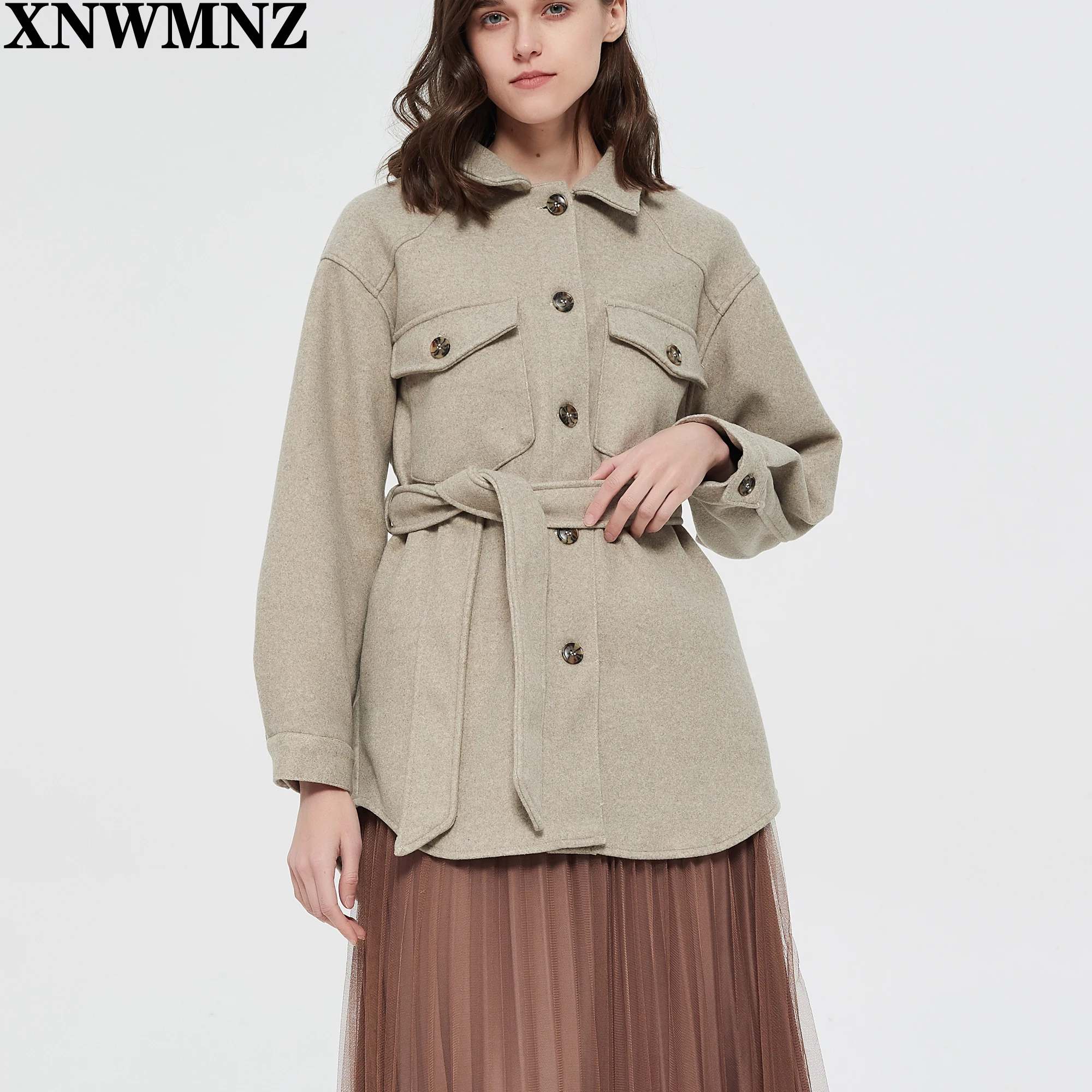 XNWMNZ Women 2021 Fashion With Belt Loose Woolen Jacket Coat Vintage Long Sleeve Side Pockets Female Outerwear Chic Overcoat