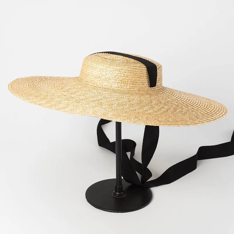 Cappello da sole a tesa larga 15 cm, cappello di paglia piatto per donna, cappelli da spiaggia bianchi e neri con laccetti, cappello laterale da spiaggia, cappello floscio da donna in rafia di paglia_voghion.com