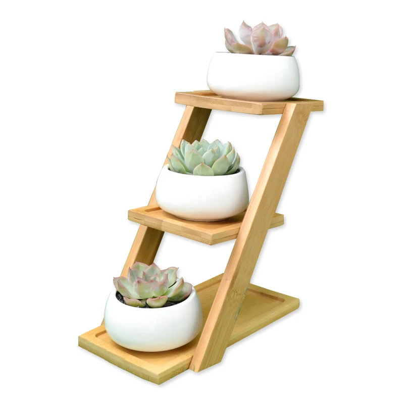 

Meaty Plant Pots White Porcelain Pot Contains Three Ladder Wooden Desktop Balcony Flowerpot Flower Implement More Meat