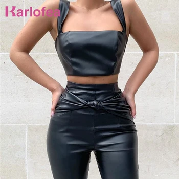 

Karlofea Women Black PU Faux Leather Pants Daily Going Out Bottoms Wear Autumn Winter High Waist Skinny Pencil Pants Trousers
