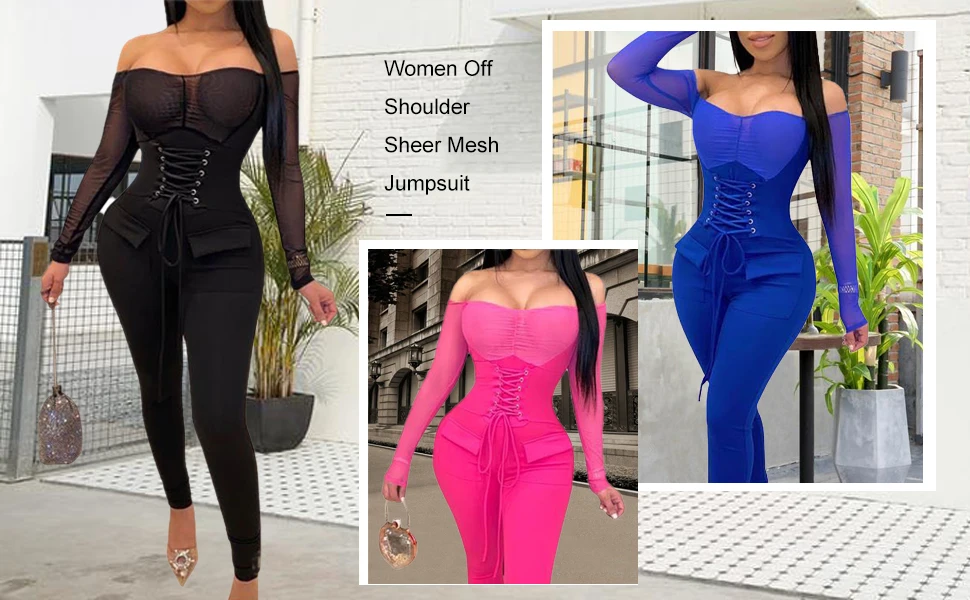 Women's Sexy Off Shoulder See Through Jumpsuit 