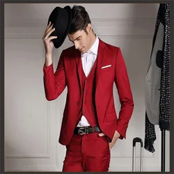 2021 New High-Quality Customized Red Single-Button Men's Suit With Notched Lapel Fashion Slim 3- Piece Set (Coat+Pants+Vest+Tie)