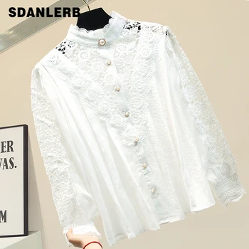 

Long-Sleeved Loose-Fit Chiffon Panel Lace White Shirt Women's Blouses White Blouse Female Tops Blusa Feminina Top