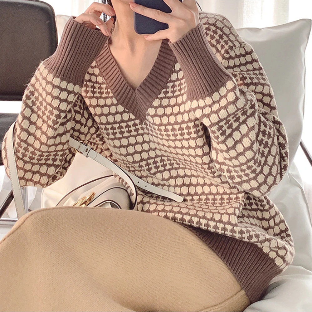 Свитер женский кашемировый с V-образным вырезом свободного покроя | Женская