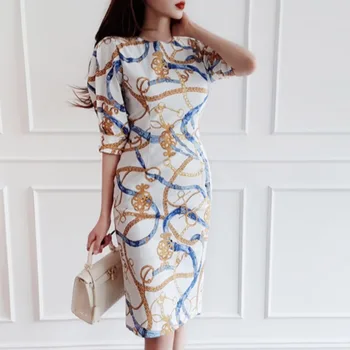 

Cross border women's 2020 summer new Korean ol temperament medium long print slim package hip dress