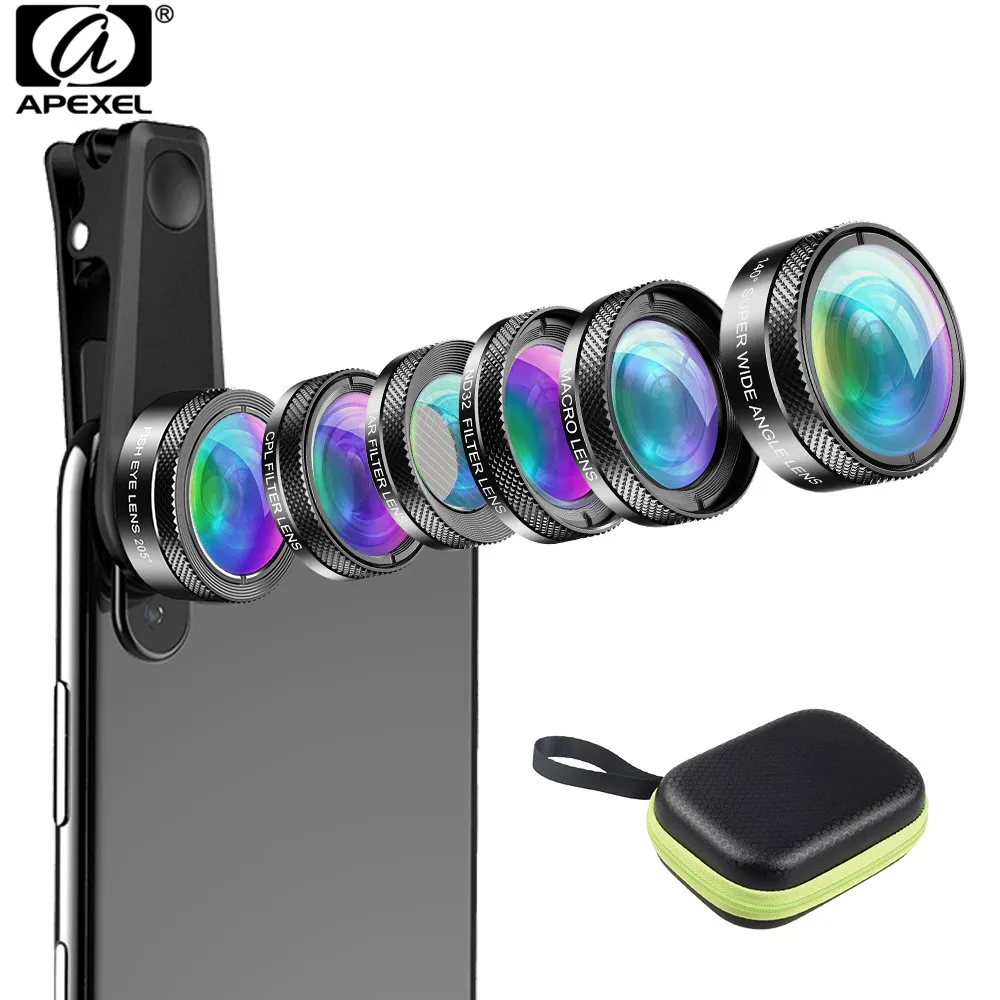 APEXEL New Phone Camera Lens Kit 6 in 1 Fish Eye 205 Degree Wide Angle 25X Macro CPL/Star ND32 Filter for Smartphones | Мобильные