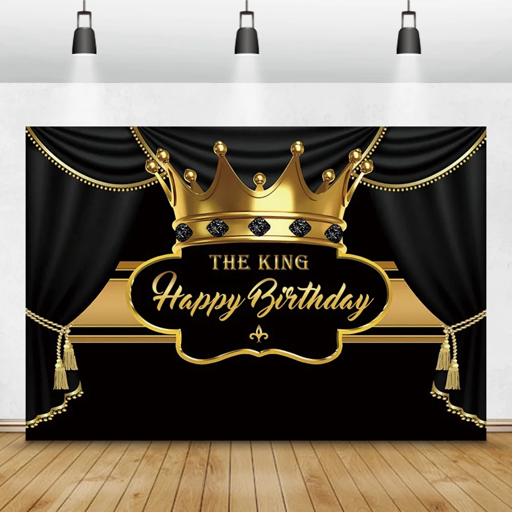 The King Children Happy Birthday Background Golden Crown Black Curtain Baby  Portrait Personalized Poster Photography Backdrop
