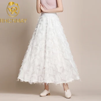 

2020 Fashion New Summer Women Tassel Feathers Chiffon Elastic High Waist Vintage Skirts Girls A Line Midi Long Pleated Skirt