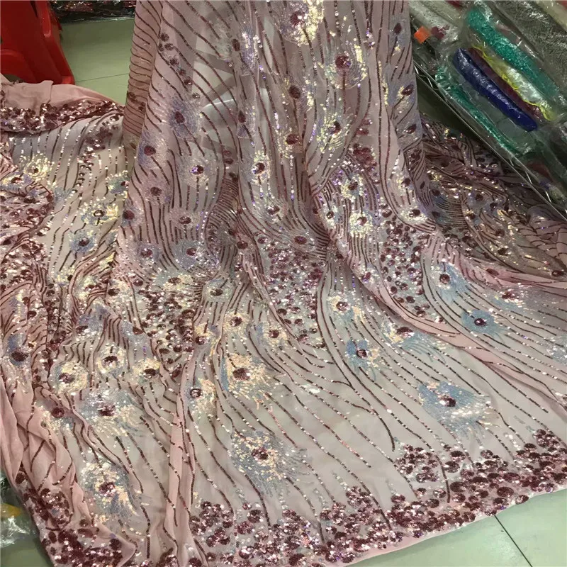 Королевский синий с блесками чистая кружевная ткань розовая Высококачественная африканская Сетка Свадебное платье Шитье расшитое блестками вышитое материал - Цвет: 31