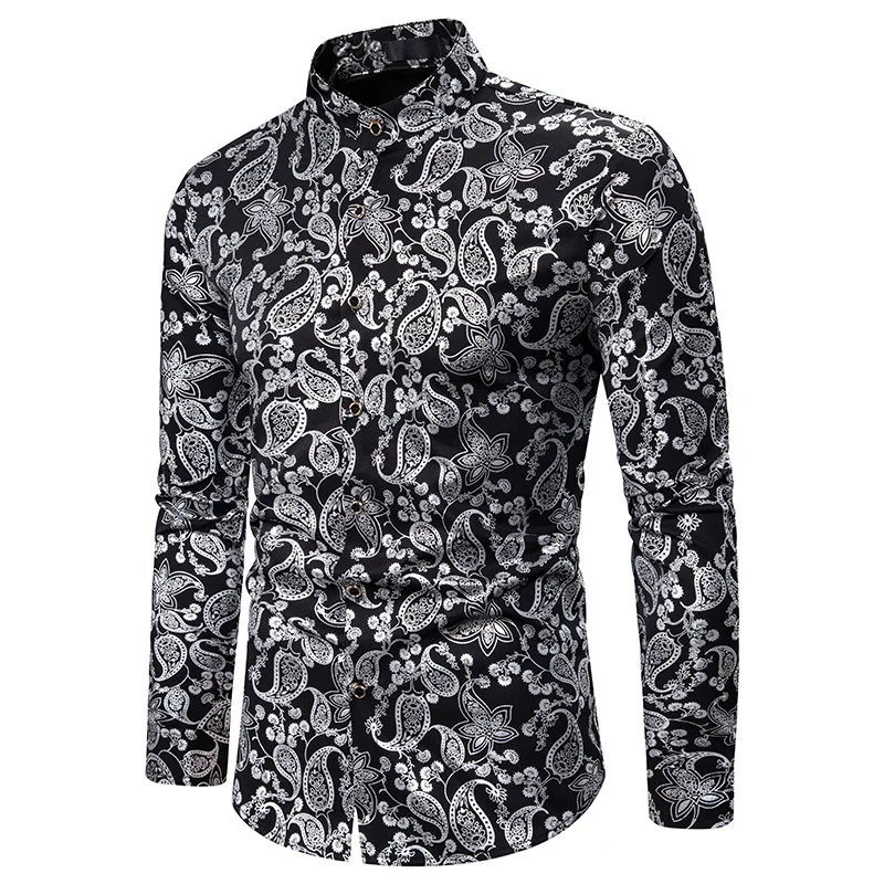 Gold New Style Paisley Mandarin Collar Shirt Men Brand Slim Fit Long ...