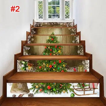 

6PCS/Set PVC Wall Sticker Stairway Stickers Lifelike Christmas Tree Santa Claus Restaurant Reusable Background Waterproof