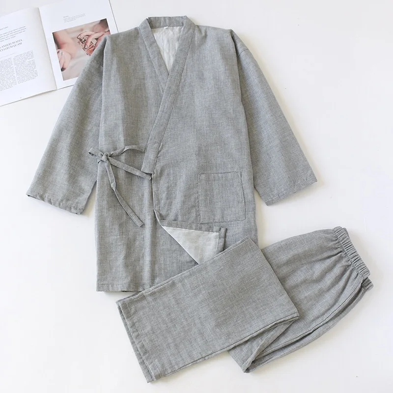 Couples Solid Color Pajamas Set Men And Women Sleepwear Japanese Robe+Pants Full Cotton Lovers Loose Thin Homewear For Autumn