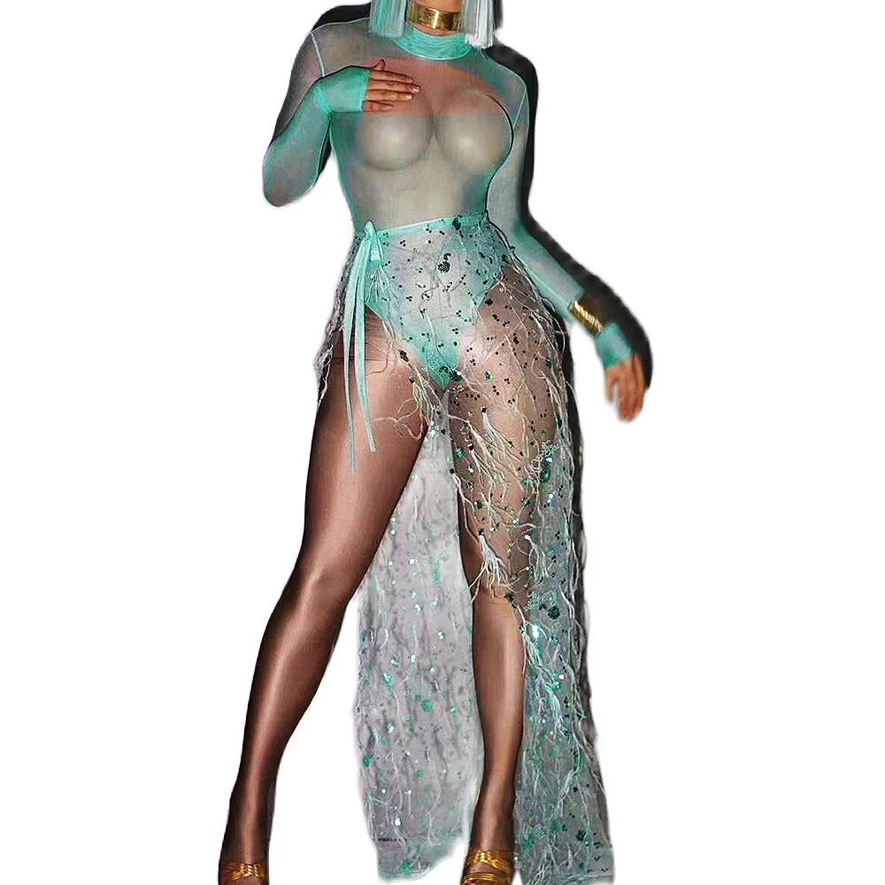 Женская Длинная Юбка со стразами зеленое прозрачное Сетчатое боди одежда для