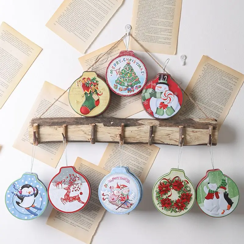 2pcs/set Christmas Round Candle Biscuit Cookie Storage Box Hanging Tree Tin Tea Coin Case 94PC