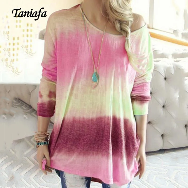 

Taniafa New Fashion Autumn Women Round Neck Long Sleeve T Shirts Casual Gradient Color Tops Plus Size