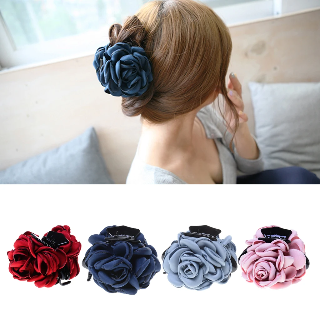 Vintage Fabric Rose Flower Large Hair Clamp Claw Jaw Accessories Gift 4 Colors