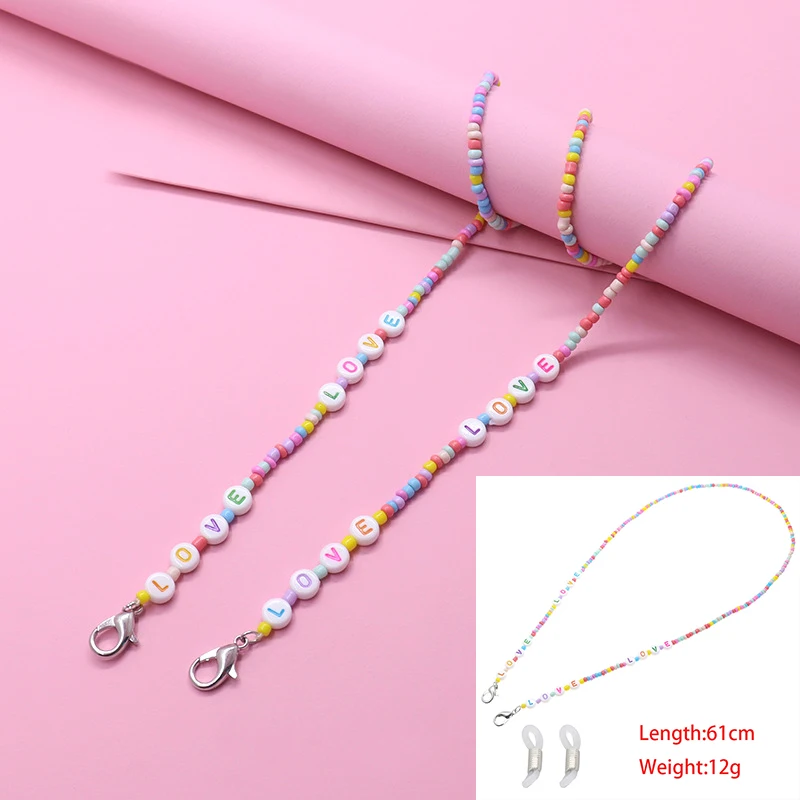 2021 Fashion Sunglasses Mask Holder Lanyard Letter Love Colorful Beaded Glasses Chain Neck Strap Jewelry for Students Children
