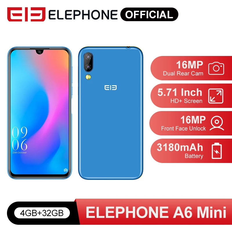 Elephone A6 Mini 4 ГБ 32 смартфон 5 71 дюймов экран водослива мобильный телефон Android 9 0 MT6761