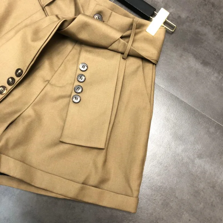 Fall New Button Design Belt High Waist Women Shorts Solid Color Female Wide Leg Shorts