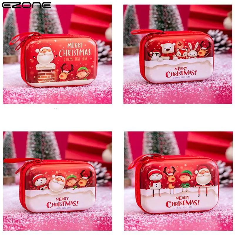 EZONE Tinplate Merry Christmas Coin Purse Cartoon Santa Elk Snowman Printed Round Red Alloy Zipper Money Small Pockets Purses |