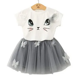 

Girls Dress Sets Children Cloths New Summer Cute Cat Baby Girls T-shirt Ball Gown Skirts Mesh Skirt Children's Suit