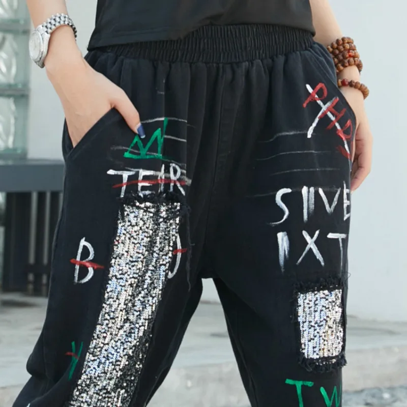 Max LuLu весенние модные корейские женские джинсовые брюки с блестками, женские рваные джинсы с принтом, винтажные свободные шаровары размера плюс