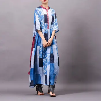 

Ladies Kaftans Kimono Maxi Style Dresses Cotton Linen Robe O-Neck Plus Size Long Spring Loose Dress