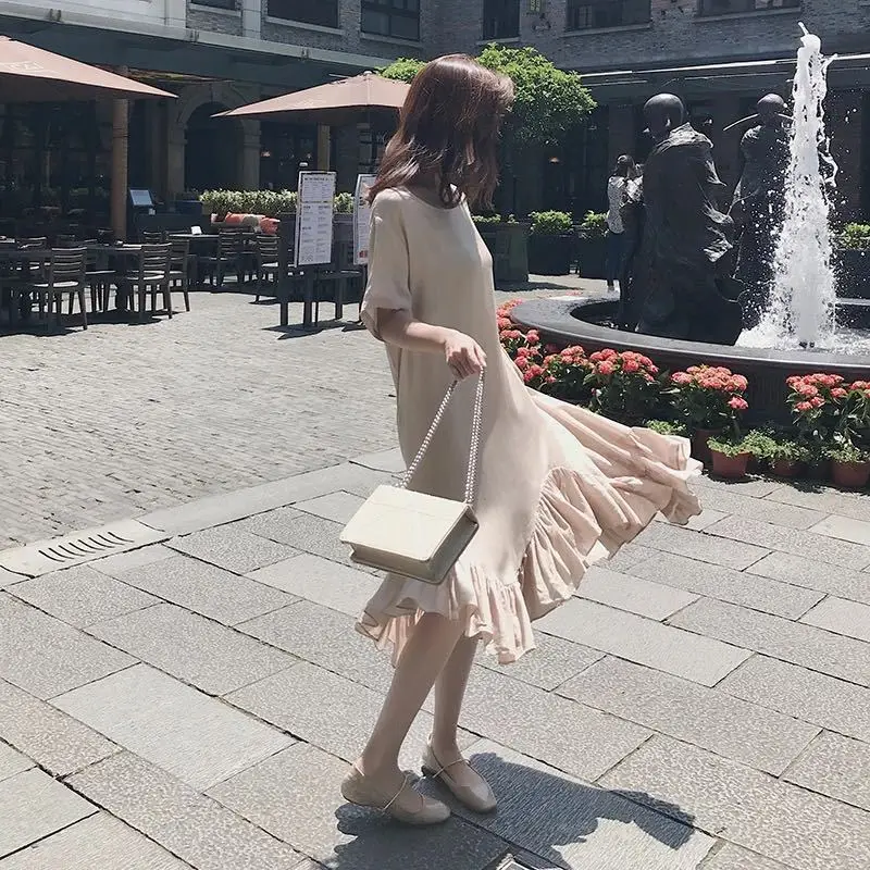 

Photo Shoot 2019 Summer New Style Korean-style Loose Khaki Mid-length Irregular Fishtail Dress Women's
