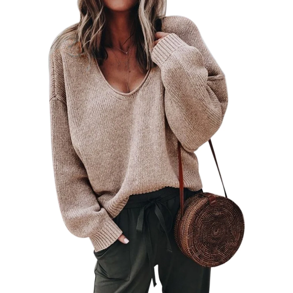 

Loose Women Sweater Long Sleeve Soft Kintting Daily Autumn Winter Street V Neck Solid Fashion Shopping Casual Outwear