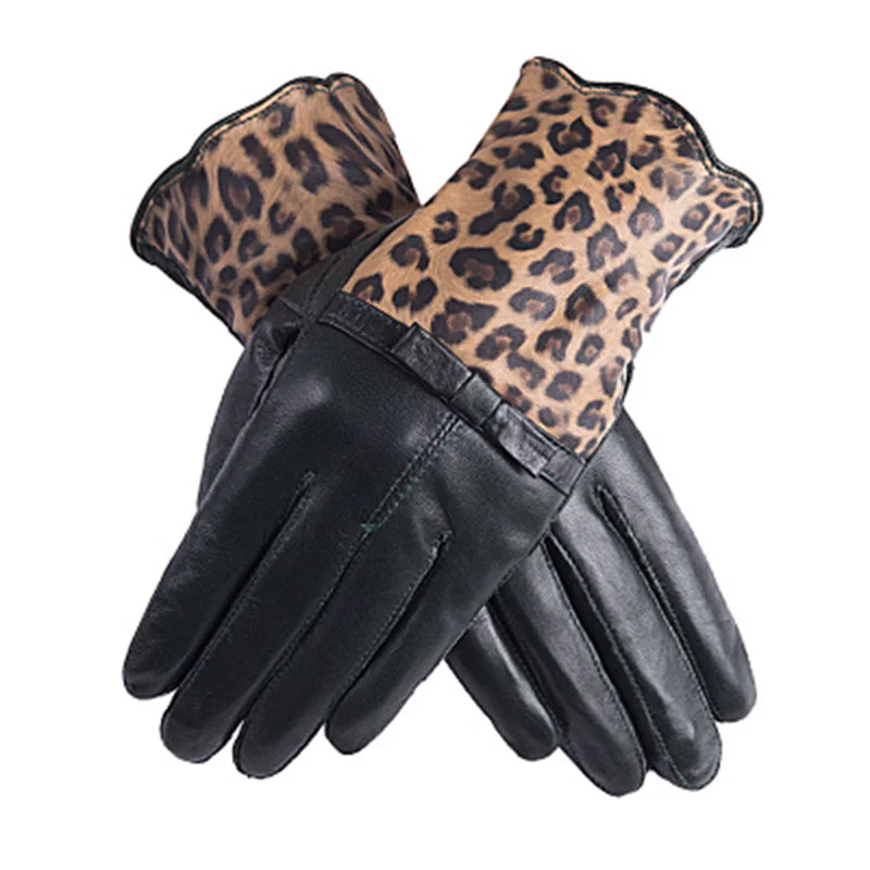 Перчатки из натуральной кожи женские из овчины с бантом зимние Бархатные утепленные качественные леопардовые варежки перчатки для езды на велосипеде E78 - Цвет: Dark Green