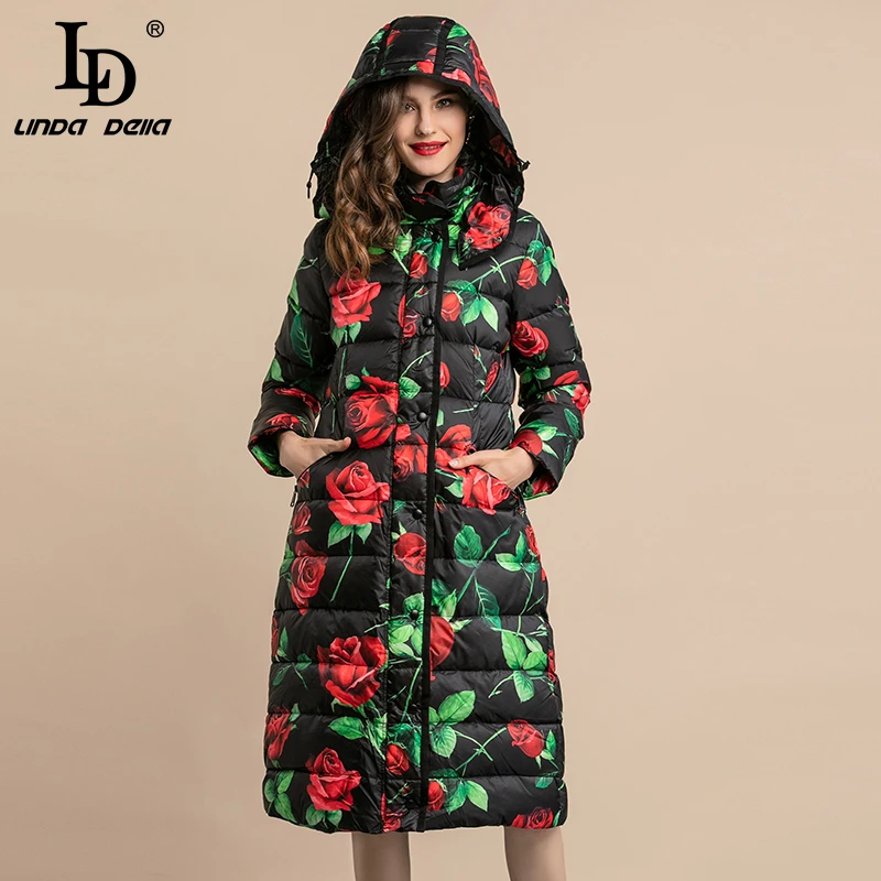 

LD LINDA DELLAWinter Warm Thickened White Duck Down Jacket Vintage Elegant Long Women Coats Rose Floral Print Hooded Outwear