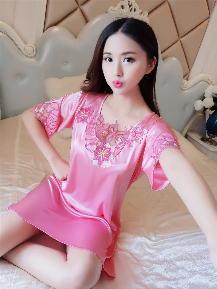 Ночная рубашка с v-образным вырезом, Корейская версия, Ice Silk, короткий рукав, кружевная юбка, домашняя ночная рубашка, сексуальная пижама, женское шелковое белье, платье для сна