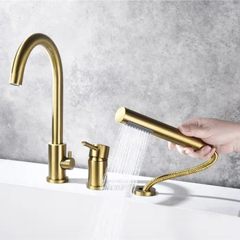 3หลุม Deck Mount อ่างอาบน้ำก๊อกน้ำ100% ทองเหลืองดึงออกก๊อกน้ำอ่างอาบน้ำร้อนและเย็น Water Tap 2