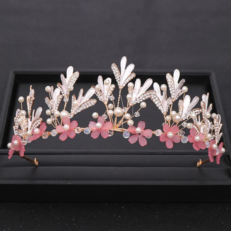 

AiliBride Handmade Pink Flower Pearl Wedding tiara Bridal Princess Crown Headpiece Head Jewelry Wedding Hair Accessories HG294