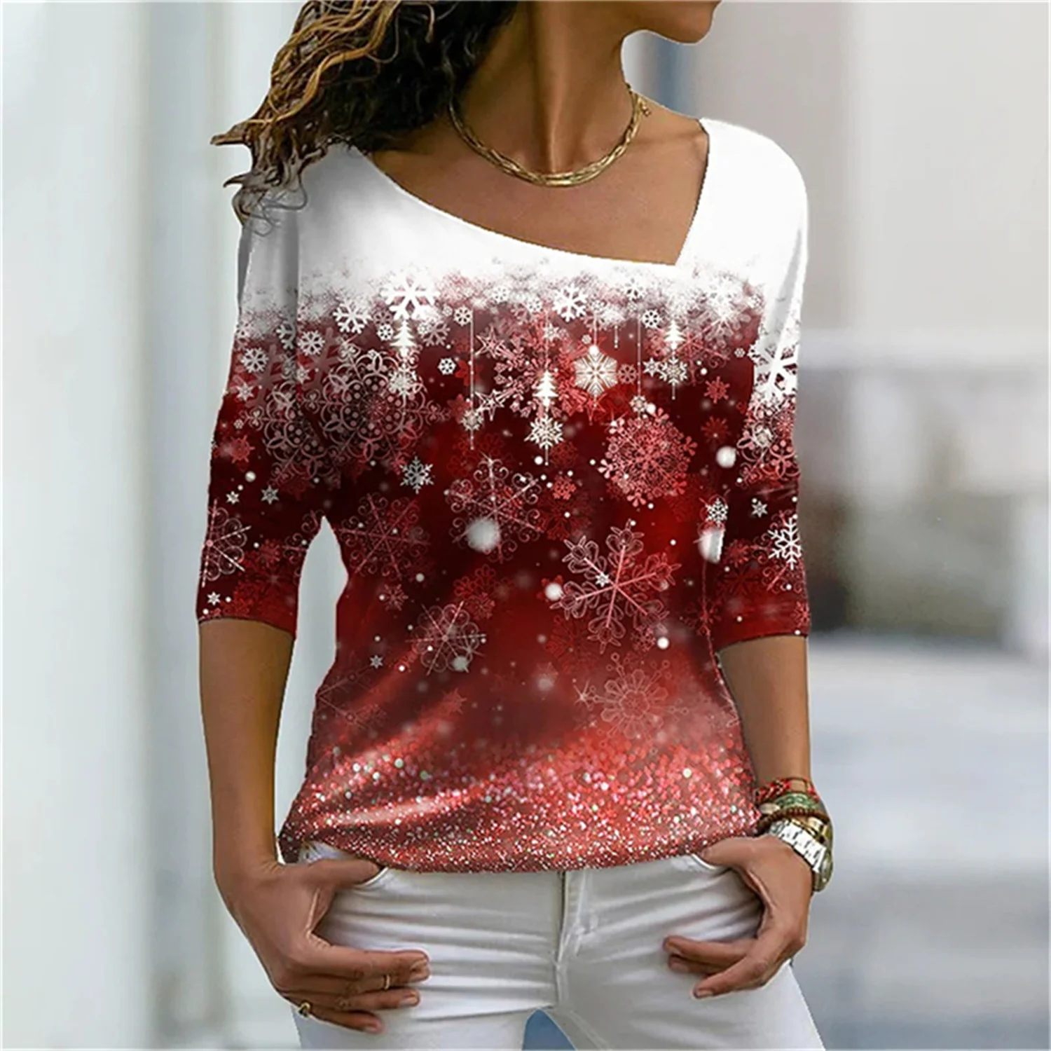 

Spring Breathable Woman Sublimation Retro V-neck Slim High-Quality 3D Printing Pattern Bottoming Top Fashion T-shirt
