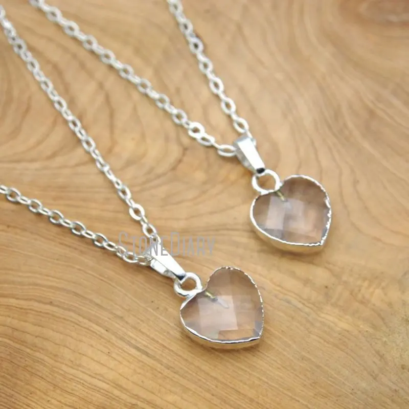 

NM15668 10Pcs Electroplated Faceted Heart Shaped Chains Necklaces Clear Crystal Quartz Chains Necklaces For Sale 16-20inch