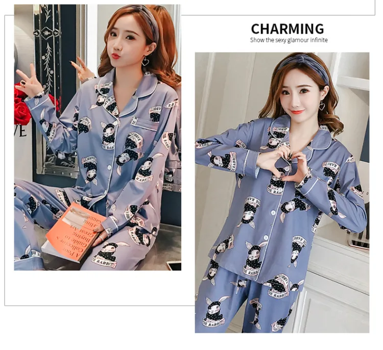 Take the Amount of Hot Selling Spring New Style Pajamas Women Long Sleeve Trousers Cardigan Korean-style Homewear Set Cardigan 2