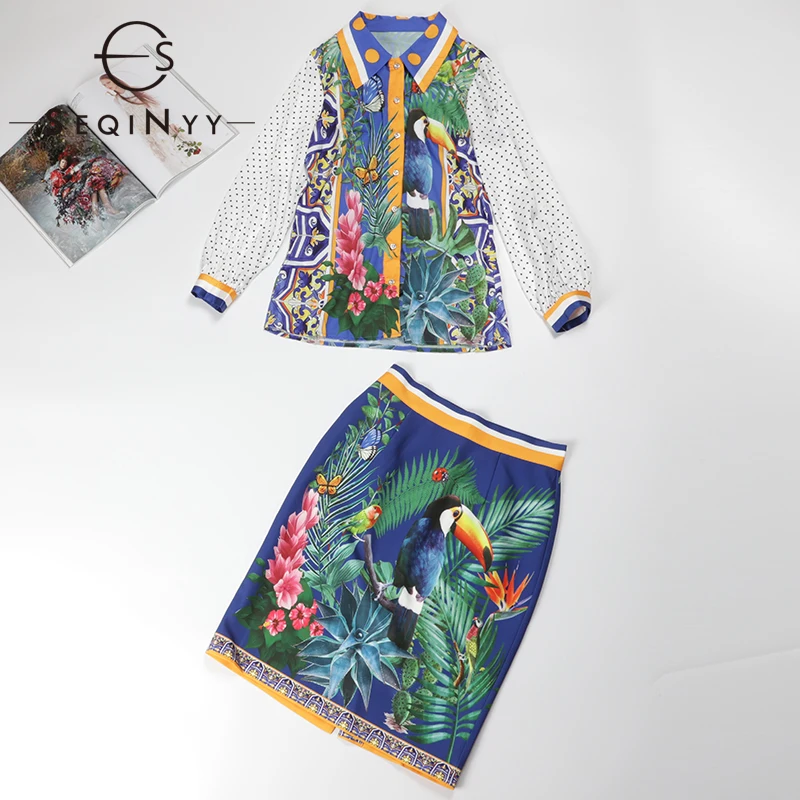 

SEQINYY Fashion Set 2020 Summer Spring New Design Women Dot Shirt + Mini Skirt Slim Casual Flowers Bird Print Suit