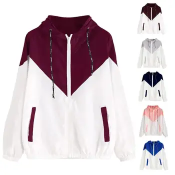 

Women Contrast Color Thin Breathable Hooded Long-Sleeves Coat Zipper Sportwear Costume Spring Autumn Jacket Tops for Female