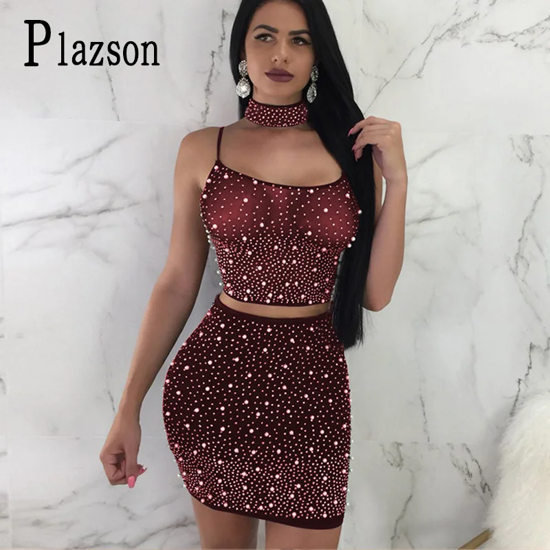 Diamond Beading Party Backless 2 two Pieces Set See through Lace-up Crop Top And Bodycon Mini Skirt Sexy club Bandage Women Sets |