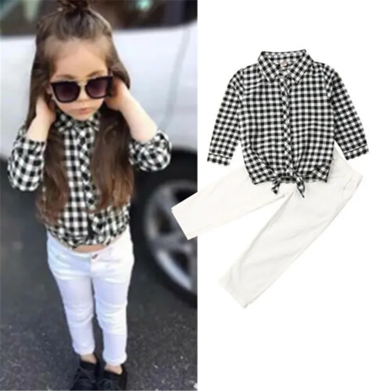 

Baby Girl Clothes White And Black Plaid T-shirts With Turn-down Collar Solid White Trousers Kids' Clothing Sets