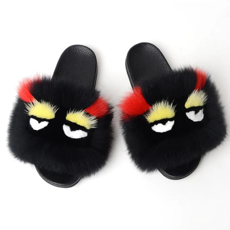 

Home Slippers Women Fox Fur Slides Furry Female Indoor Slippers Furry Summer Shoes Woman Sandals Flat
