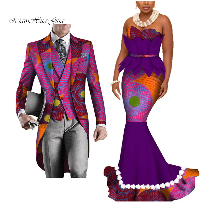 Dashiki African Couple Clothing Women's Dress+Men's Blazer&Vest 3 Pieces Set African Mermaid Print Dresses for Couples WYQ425