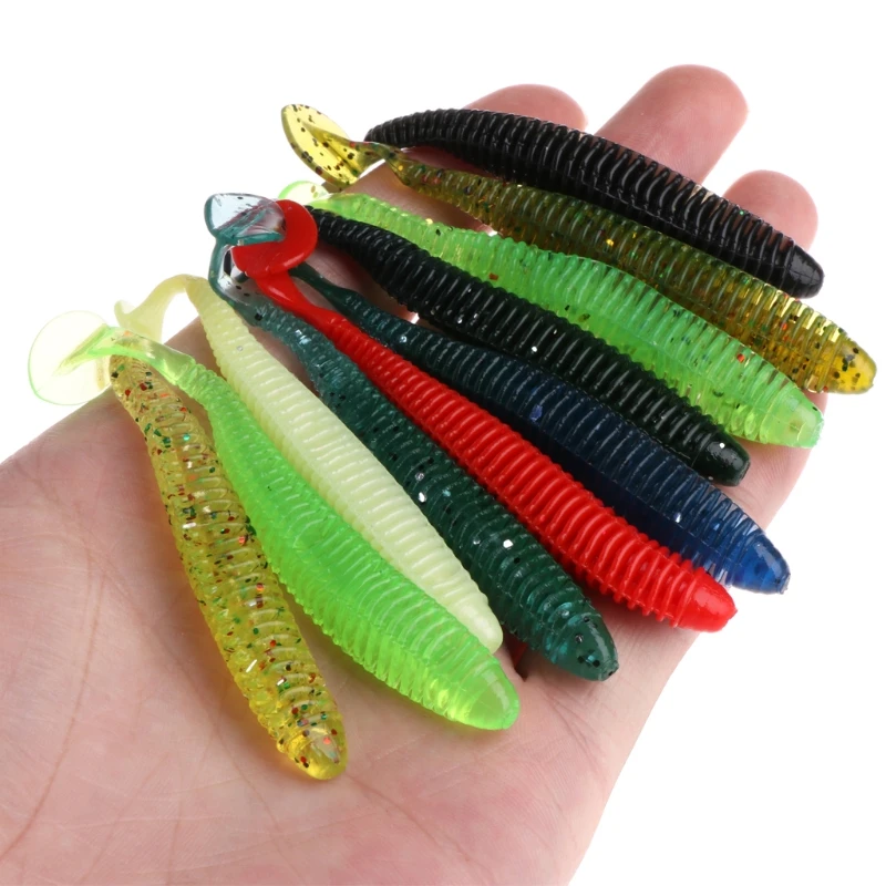  10pcs/set Fishing Lures Worm Soft Silicone T Tail Swimming Bass Bait 8.5cm 2.4g