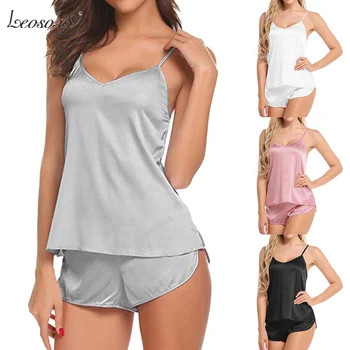 

Women Sexy Pajamas Set Soild Simulation Silk Thin Pajamas Set V-neck Camisole Sleeveless Top and Shorts Female Pajamas